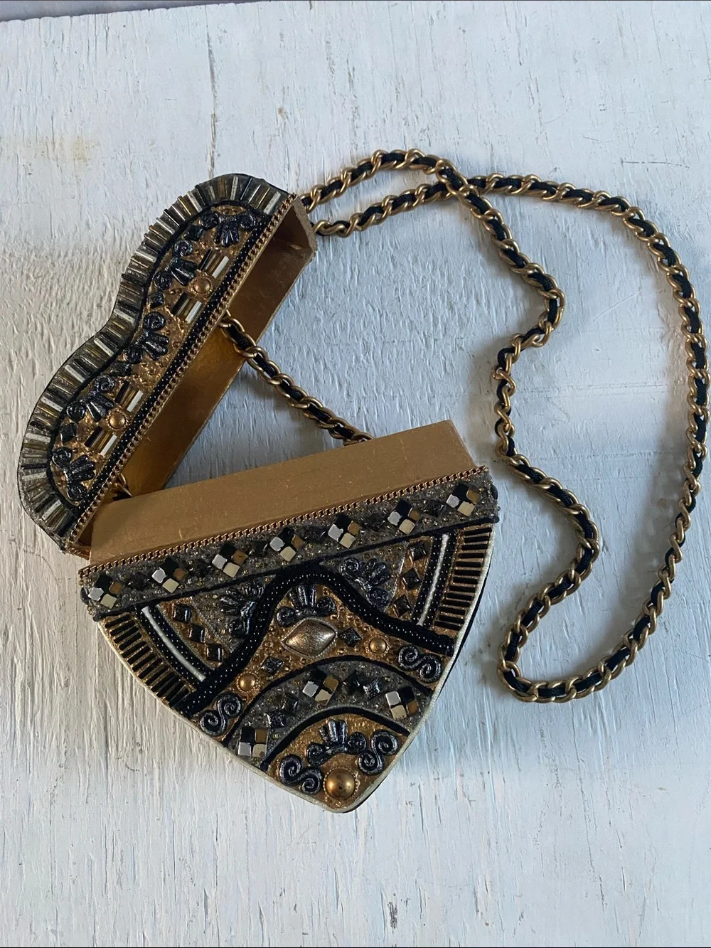 Black & Gold Embellished Heart Crossbody Purse